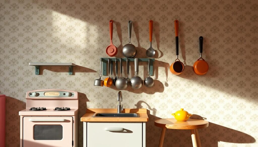 A vibrant and whimsical wall display featuring a mini Toca Boca-style kitchen, brimming with playful details. The foreground showcases a diminutive stove, oven, and sink, all in muted pastel hues. Midground, a collection of miniature cooking utensils and pots hang neatly on the wall, casting soft shadows. The background features a cheerful patterned wallpaper, with subtle textures that evoke a handcrafted, artisanal feel. Soft, diffused lighting from above creates a cozy, inviting atmosphere, while the overall composition conveys a sense of imaginative, functional decor that would delight both children and adults. A vibrant and whimsical wall display featuring a mini Toca Boca-style kitchen, brimming with playful details. The foreground showcases a diminutive stove, oven, and sink, all in muted pastel hues. Midground, a collection of miniature cooking utensils and pots hang neatly on the wall, casting soft shadows. The background features a cheerful patterned wallpaper, with subtle textures that evoke a handcrafted, artisanal feel. Soft, diffused lighting from above creates a cozy, inviting atmosphere, while the overall composition conveys a sense of imaginative, functional decor that would delight both children and adults.