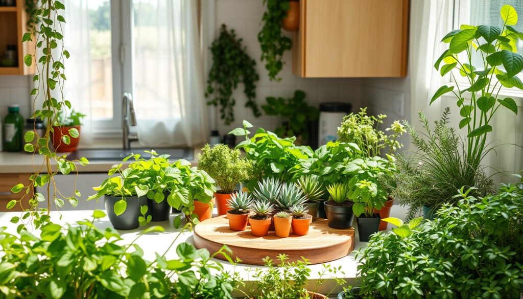 A vibrant, well-lit kitchen countertop overflowing with lush greenery. In the foreground, a collection of healthy potted plants in varying sizes and shades of green - trailing vines, leafy succulents, and compact herbs. In the middle ground, a rustic wooden cutting board surrounded by small, potted cacti and air plants. The background features a sun-drenched window with sheer curtains, allowing natural light to flood the space and create a warm, inviting atmosphere. The overall scene exudes a sense of freshness, vitality, and a connection to nature, perfectly complementing the cozy kitchen setting.