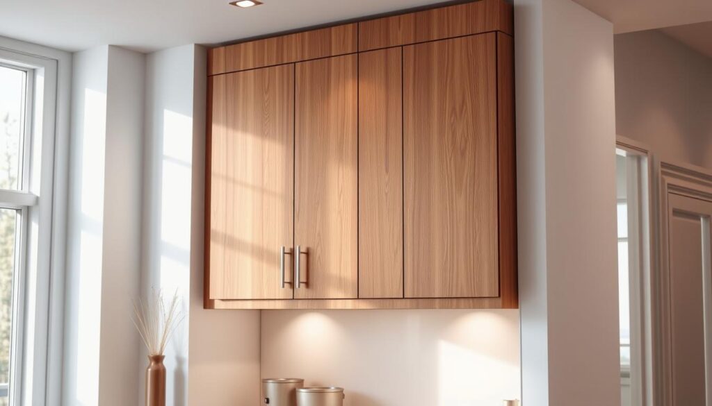 A well-crafted corner cabinet design, showcasing a sleek modern aesthetic. The cabinet features a minimalist design with clean lines, recessed doors, and a unique angled profile that maximizes corner space. The lighting is soft and directional, highlighting the cabinet's elegant wood grain and metallic hardware. The scene is set in a bright, airy kitchen with white walls and warm, natural lighting filtering in through large windows. The overall mood is one of sophistication and functionality, perfectly suited for the "Customizing Your Corner Cabinet" section of the article. A well-crafted corner cabinet design, showcasing a sleek modern aesthetic. The cabinet features a minimalist design with clean lines, recessed doors, and a unique angled profile that maximizes corner space. The lighting is soft and directional, highlighting the cabinet's elegant wood grain and metallic hardware. The scene is set in a bright, airy kitchen with white walls and warm, natural lighting filtering in through large windows. The overall mood is one of sophistication and functionality, perfectly suited for the "Customizing Your Corner Cabinet" section of the article.