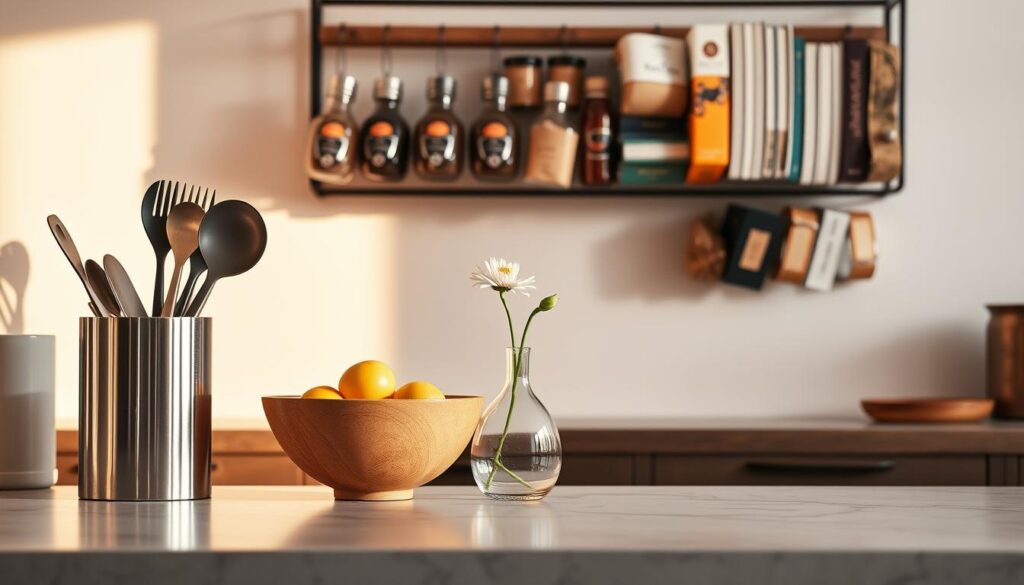 A well-designed and functional kitchen counter, adorned with a curated collection of stylish accessories. In the foreground, a sleek stainless steel utensil holder showcases a variety of cooking tools. Nearby, a modern ceramic fruit bowl adds a pop of color and texture. In the middle ground, a minimalist glass vase holds a single, fresh-cut flower, casting a soft, natural light. In the background, a subtle brass or copper wall-mounted rack displays an assortment of hanging spice jars and cookbooks, creating a visually appealing and organized display. The entire scene is bathed in warm, directional lighting, highlighting the interplay of materials and the overall sense of intentional, functional decor.