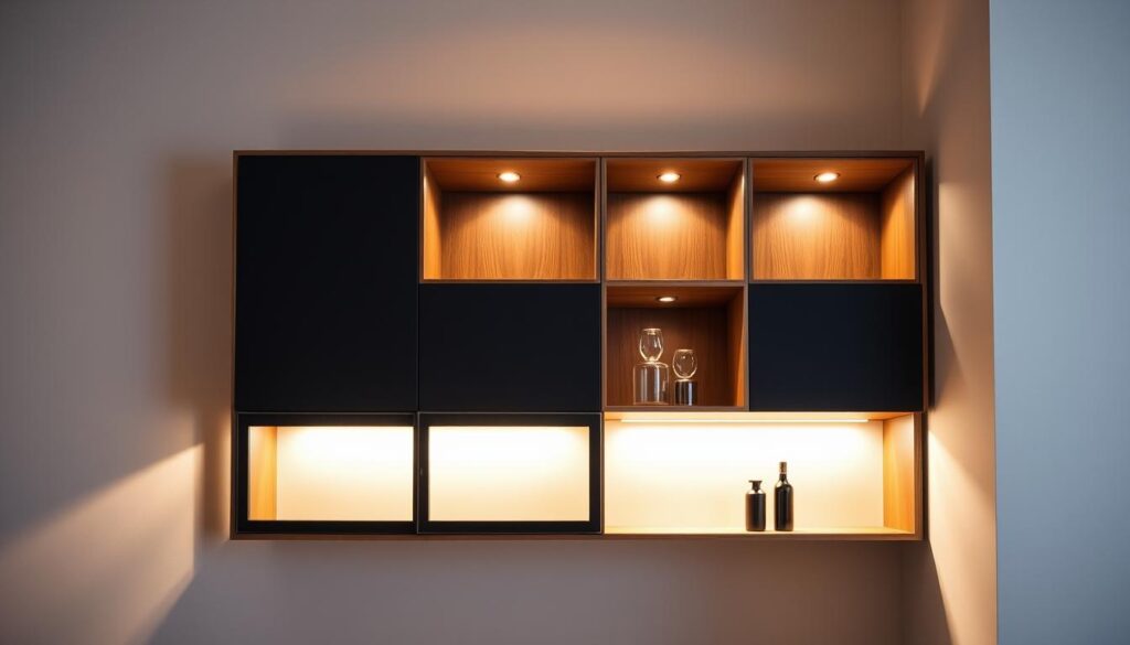 A well-designed corner cabinet with a sleek, modern aesthetic, featuring clean lines, a mix of open and closed storage, and a combination of wood and matte black finishes. Illuminated from within, creating a soft, warm glow that highlights the cabinet's unique geometric shape and angles. The cabinet is set against a neutral wall, with indirect lighting casting subtle shadows and highlights, creating a sophisticated and inviting atmosphere. A well-designed corner cabinet with a sleek, modern aesthetic, featuring clean lines, a mix of open and closed storage, and a combination of wood and matte black finishes. Illuminated from within, creating a soft, warm glow that highlights the cabinet's unique geometric shape and angles. The cabinet is set against a neutral wall, with indirect lighting casting subtle shadows and highlights, creating a sophisticated and inviting atmosphere.