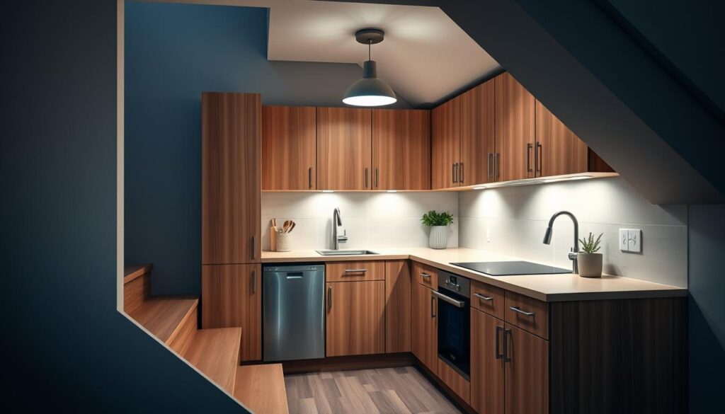 A well-designed kitchen nestled beneath a staircase, utilizing every inch of available space. The layout features an efficient L-shaped countertop, with sleek, minimalist cabinetry in a warm, natural wood tone. A compact, built-in dishwasher and oven seamlessly integrated into the design. Soft, diffused lighting casts a cozy glow, complemented by a pendant fixture above a small breakfast bar. The backsplash, in a neutral tone, adds a touch of sophistication. The overall atmosphere is one of functional elegance, showcasing how an unconventional space can be transformed into a highly practical and visually appealing kitchen.