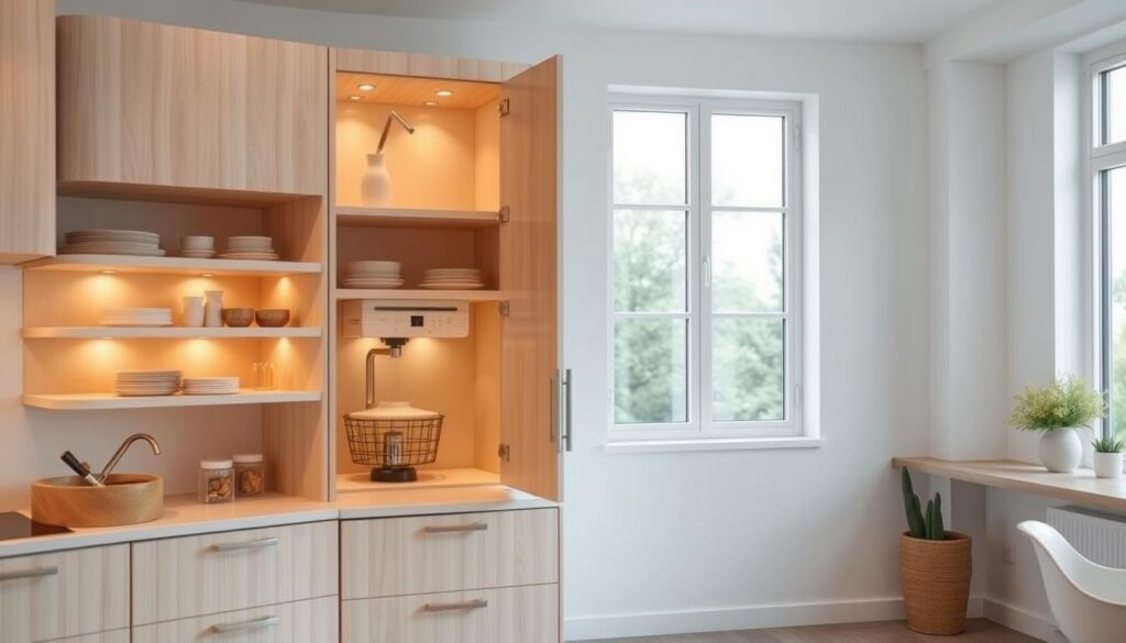 A well-designed multi-functional corner cabinet in a bright, modern kitchen. The cabinet features multiple shelves, drawers, and a built-in carousel for optimized storage and organization. Soft, warm lighting illuminates the cabinet's clean, minimalist lines and sleek, pale wood finish, creating a cozy, inviting atmosphere. The cabinet is positioned in the corner, seamlessly integrated into the kitchen's layout. A large window in the background lets in natural light, casting gentle shadows and highlighting the cabinet's functional features. A well-designed multi-functional corner cabinet in a bright, modern kitchen. The cabinet features multiple shelves, drawers, and a built-in carousel for optimized storage and organization. Soft, warm lighting illuminates the cabinet's clean, minimalist lines and sleek, pale wood finish, creating a cozy, inviting atmosphere. The cabinet is positioned in the corner, seamlessly integrated into the kitchen's layout. A large window in the background lets in natural light, casting gentle shadows and highlighting the cabinet's functional features.