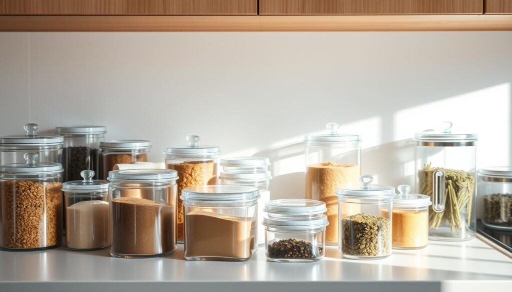 A well-lit, airy kitchen countertop featuring an assortment of clear glass or plastic storage containers. The containers are arranged neatly, showcasing various sizes and shapes, with lids tightly secured. The containers are filled with dry goods, spices, and other kitchen essentials, ensuring maximum visibility and easy access. The lighting casts a soft, even glow, accentuating the transparency of the containers and creating a sense of order and organization. The background is minimalist, with perhaps a subtle hint of a tile backsplash or wooden cabinetry, allowing the clear containers to be the focal point. The overall atmosphere is one of efficiency, cleanliness, and a streamlined approach to kitchen organization. A well-lit, airy kitchen countertop featuring an assortment of clear glass or plastic storage containers. The containers are arranged neatly, showcasing various sizes and shapes, with lids tightly secured. The containers are filled with dry goods, spices, and other kitchen essentials, ensuring maximum visibility and easy access. The lighting casts a soft, even glow, accentuating the transparency of the containers and creating a sense of order and organization. The background is minimalist, with perhaps a subtle hint of a tile backsplash or wooden cabinetry, allowing the clear containers to be the focal point. The overall atmosphere is one of efficiency, cleanliness, and a streamlined approach to kitchen organization.