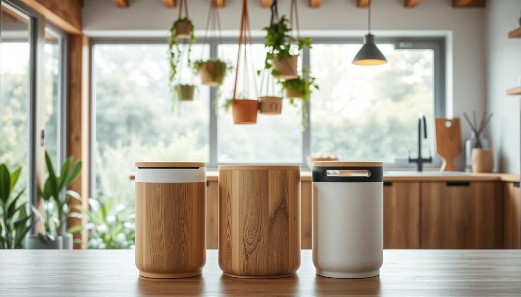 A well-lit and inviting kitchen scene featuring a trio of sleek, eco-friendly trash cans in the foreground. The cans are made of sustainable materials like bamboo or recycled plastic, with minimalist designs and soft, muted color palettes that blend seamlessly into the modern kitchen aesthetic. In the middle ground, a set of hanging plants and natural wood accents create a warm, earthy ambiance. The background showcases a large window letting in abundant natural light, overlooking a lush, verdant garden outside. The overall mood is one of environmental consciousness and design-forward home organization. A well-lit and inviting kitchen scene featuring a trio of sleek, eco-friendly trash cans in the foreground. The cans are made of sustainable materials like bamboo or recycled plastic, with minimalist designs and soft, muted color palettes that blend seamlessly into the modern kitchen aesthetic. In the middle ground, a set of hanging plants and natural wood accents create a warm, earthy ambiance. The background showcases a large window letting in abundant natural light, overlooking a lush, verdant garden outside. The overall mood is one of environmental consciousness and design-forward home organization.