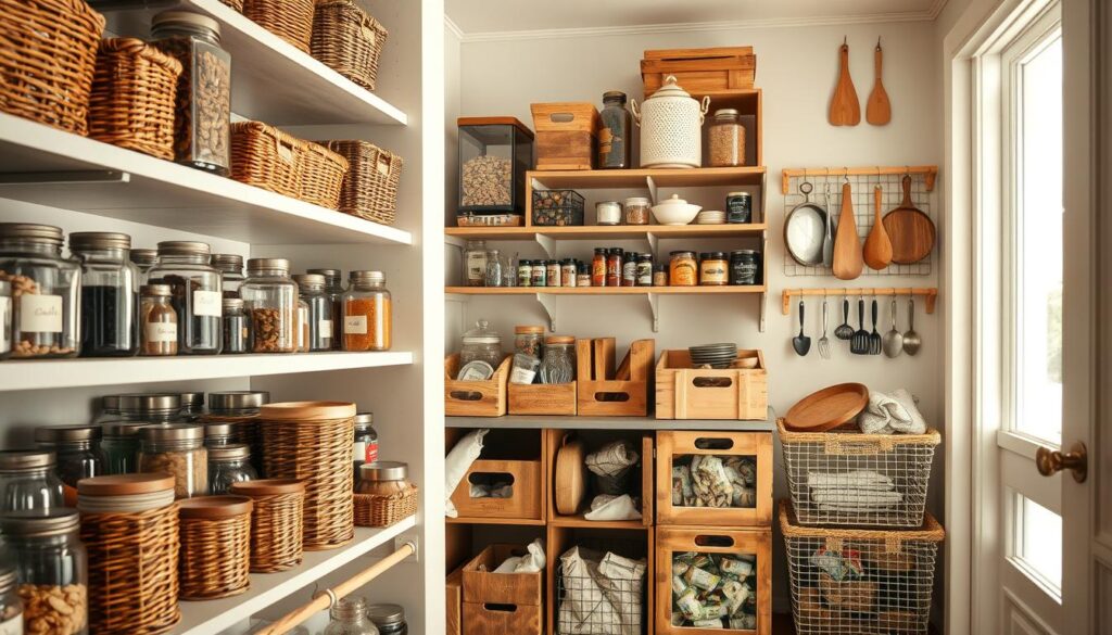 A well-lit, artfully arranged kitchen pantry with an assortment of woven baskets, crates, and wooden storage containers strategically placed on open shelves. The foreground showcases a collection of glass jars, wicker baskets, and vintage-inspired tin canisters, all neatly organized and labeled. In the middle ground, wooden crates and wire mesh baskets hold an array of packaged goods, while the background features a mix of shelves and hooks for hanging utensils, spices, and other small items. The overall scene conveys a sense of order, efficiency, and a rustic, farmhouse-inspired aesthetic. Soft, natural lighting filters through the scene, creating a warm and inviting atmosphere.