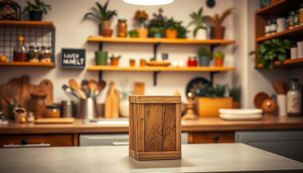A well-lit, cozy kitchen interior with a DIY small trash can placed on the counter. The can has a rustic, wooden construction with a simple, minimalist design. The can is positioned in the foreground, with various kitchen utensils and ingredients visible in the middle ground. In the background, there are shelves displaying potted plants, jars, and other decorative elements, creating a warm and inviting atmosphere. The scene is captured at a slight angle, emphasizing the craftsmanship of the DIY trash can. A well-lit, cozy kitchen interior with a DIY small trash can placed on the counter. The can has a rustic, wooden construction with a simple, minimalist design. The can is positioned in the foreground, with various kitchen utensils and ingredients visible in the middle ground. In the background, there are shelves displaying potted plants, jars, and other decorative elements, creating a warm and inviting atmosphere. The scene is captured at a slight angle, emphasizing the craftsmanship of the DIY trash can.