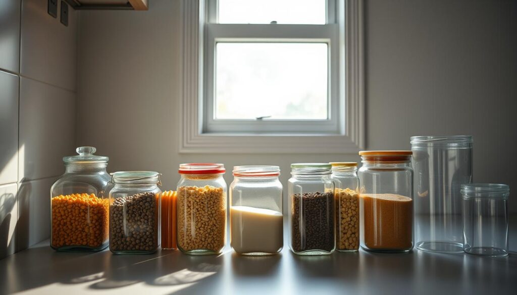A well-lit kitchen counter with a row of clear glass jars and airtight containers neatly arranged. The containers vary in size and shape, some square, others cylindrical, all showcasing their contents. Soft natural light from a nearby window illuminates the scene, casting gentle shadows and highlighting the transparency of the containers. The overall composition has a sense of order and simplicity, emphasizing the organization and efficiency of the storage solution. The clean, minimalist aesthetic complements the kitchen's decor, creating a visually appealing and functional display.