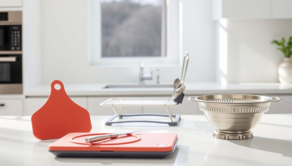A well-lit, minimalist kitchen countertop showcasing an assortment of foldable or collapsible culinary tools. In the foreground, a compact cutting board, a silicone trivet, and a stainless steel utensil holder gracefully folded into a compact form. In the middle ground, a sleek, adjustable dish rack and a collapsible colander stand ready to save precious counter space. The background features clean, white walls and natural lighting streaming through a window, creating a serene, uncluttered atmosphere that highlights the versatility and space-saving qualities of these cleverly designed kitchen items. A well-lit, minimalist kitchen countertop showcasing an assortment of foldable or collapsible culinary tools. In the foreground, a compact cutting board, a silicone trivet, and a stainless steel utensil holder gracefully folded into a compact form. In the middle ground, a sleek, adjustable dish rack and a collapsible colander stand ready to save precious counter space. The background features clean, white walls and natural lighting streaming through a window, creating a serene, uncluttered atmosphere that highlights the versatility and space-saving qualities of these cleverly designed kitchen items.