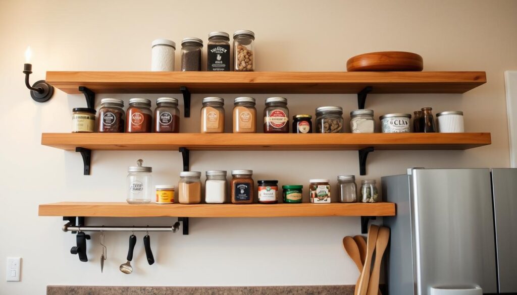 A well-organized DIY kitchen shelving unit, crafted with reclaimed wood boards in a rustic, natural finish. The shelves are arranged in a clean, minimalist layout, providing ample storage space for jars, spices, and cooking essentials. Soft, warm lighting from sconces mounted on the wall gently illuminates the setup, creating a cozy, inviting ambiance. The image captures the shelving against a neutral-toned backdrop, emphasizing its functional yet stylish design, perfect for a small kitchen space on a budget. A well-organized DIY kitchen shelving unit, crafted with reclaimed wood boards in a rustic, natural finish. The shelves are arranged in a clean, minimalist layout, providing ample storage space for jars, spices, and cooking essentials. Soft, warm lighting from sconces mounted on the wall gently illuminates the setup, creating a cozy, inviting ambiance. The image captures the shelving against a neutral-toned backdrop, emphasizing its functional yet stylish design, perfect for a small kitchen space on a budget.