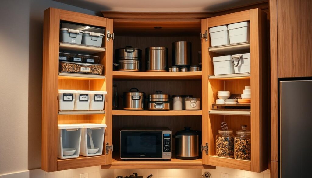 A well-organized corner cabinet, its shelves neatly arranged with labeled storage bins, cooking utensils, and small appliances. Soft, warm lighting casts a cozy glow, highlighting the clean lines of the wooden cabinet. The doors are open, revealing the efficient use of space, with everything in its designated place. The background is a neutral, minimalist kitchen, allowing the cabinet to be the focal point. The camera angle is slightly elevated, giving a clear, unobstructed view of the organized interior. The overall mood is one of efficiency, order, and a sense of control over the kitchen space. A well-organized corner cabinet, its shelves neatly arranged with labeled storage bins, cooking utensils, and small appliances. Soft, warm lighting casts a cozy glow, highlighting the clean lines of the wooden cabinet. The doors are open, revealing the efficient use of space, with everything in its designated place. The background is a neutral, minimalist kitchen, allowing the cabinet to be the focal point. The camera angle is slightly elevated, giving a clear, unobstructed view of the organized interior. The overall mood is one of efficiency, order, and a sense of control over the kitchen space.