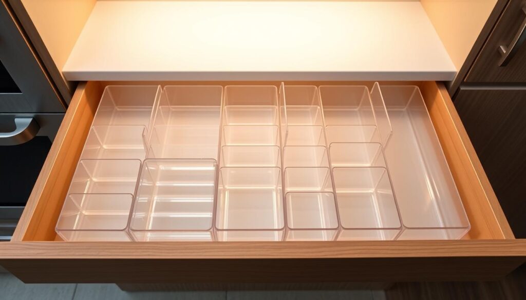 A well-organized kitchen drawer with various sized compartments for efficient storage. The dividers are made of durable, translucent acrylic, allowing easy visibility of contents. Soft, warm lighting from above casts a gentle glow, highlighting the clean, minimalist design. The dividers are precisely arranged in a symmetrical grid pattern, creating a sense of order and balance. The drawer sits atop a sleek, modern wooden cabinet, seamlessly integrating into the overall kitchen aesthetic. The image conveys a serene, organized atmosphere, inspiring the viewer to optimize their own kitchen storage with these practical and visually appealing drawer dividers.