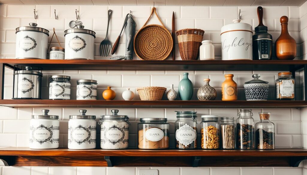A well-organized kitchen storage space with decorative elements. In the foreground, various storage containers and jars with elegant labels and patterns sit atop a beautifully stained wooden shelf. The middle ground features a mix of hanging hooks, baskets, and small decorative vases, all arranged in a visually appealing manner. The background showcases a clean, white tile backsplash that reflects the warm, natural lighting, creating a cozy and inviting atmosphere. The overall composition emphasizes both functionality and aesthetic appeal, presenting an inspirational vision for decorative kitchen storage solutions.