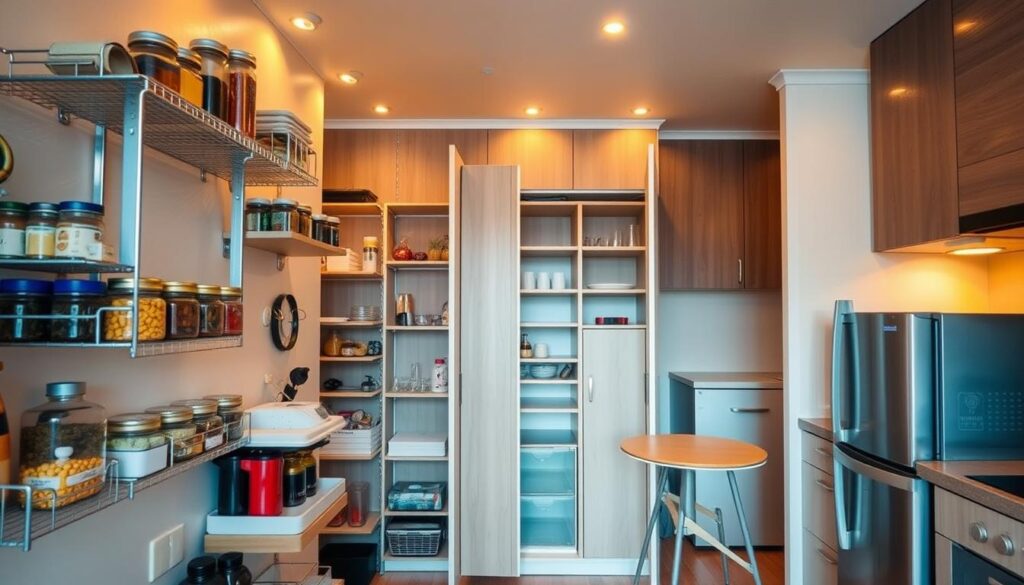 A well-organized kitchen with a variety of space-saving solutions. In the foreground, a set of stackable shelves and wall-mounted racks holding jars, spices, and other small items. In the middle ground, a pull-out pantry with adjustable shelves maximizing vertical storage. The background features a foldable dining table and chairs, a compact appliance like a mini-fridge, and a sleek, minimalist design aesthetic. The lighting is warm and inviting, with a mix of recessed and under-cabinet lighting creating a cozy, efficient atmosphere. The overall scene conveys a sense of order, practicality, and thoughtful space utilization in a small kitchen. A well-organized kitchen with a variety of space-saving solutions. In the foreground, a set of stackable shelves and wall-mounted racks holding jars, spices, and other small items. In the middle ground, a pull-out pantry with adjustable shelves maximizing vertical storage. The background features a foldable dining table and chairs, a compact appliance like a mini-fridge, and a sleek, minimalist design aesthetic. The lighting is warm and inviting, with a mix of recessed and under-cabinet lighting creating a cozy, efficient atmosphere. The overall scene conveys a sense of order, practicality, and thoughtful space utilization in a small kitchen.