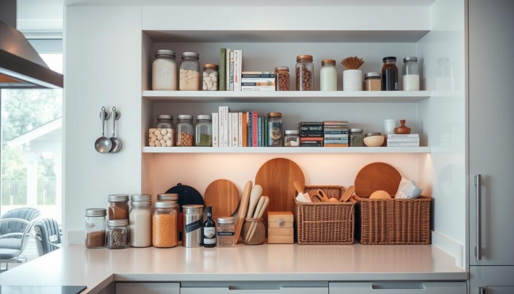 A well-organized kitchen with cleverly hidden storage solutions. In the foreground, a sleek, minimalist kitchen counter with a variety of neatly arranged jars, containers, and baskets for spices, herbs, and other small items. In the middle ground, open shelving showcases a collection of cookbooks, mason jars, and other decorative elements, seamlessly blending form and function. The background features a subtle, warm lighting that enhances the cozy, efficient atmosphere. The overall scene conveys a sense of intentional, space-saving design that maximizes the potential of a small kitchen. A well-organized kitchen with cleverly hidden storage solutions. In the foreground, a sleek, minimalist kitchen counter with a variety of neatly arranged jars, containers, and baskets for spices, herbs, and other small items. In the middle ground, open shelving showcases a collection of cookbooks, mason jars, and other decorative elements, seamlessly blending form and function. The background features a subtle, warm lighting that enhances the cozy, efficient atmosphere. The overall scene conveys a sense of intentional, space-saving design that maximizes the potential of a small kitchen.
