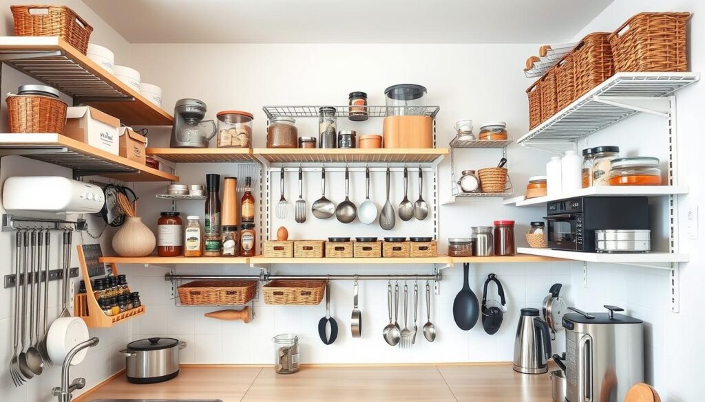 A well-organized kitchen with various storage solutions that optimize vertical space. Shelves, racks, and hanging rails on the walls hold a variety of cooking utensils, spices, and small appliances. Wooden or metal baskets neatly arranged on the shelves provide additional storage. The space is illuminated by bright, even lighting, showcasing the clean, minimalist design. A neutral color scheme with natural wood accents creates a calming, harmonious atmosphere. The overall composition emphasizes efficiency, order, and the creative use of vertical space in a small kitchen. A well-organized kitchen with various storage solutions that optimize vertical space. Shelves, racks, and hanging rails on the walls hold a variety of cooking utensils, spices, and small appliances. Wooden or metal baskets neatly arranged on the shelves provide additional storage. The space is illuminated by bright, even lighting, showcasing the clean, minimalist design. A neutral color scheme with natural wood accents creates a calming, harmonious atmosphere. The overall composition emphasizes efficiency, order, and the creative use of vertical space in a small kitchen.