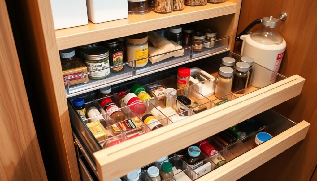 A well-organized pantry with clear drawer dividers showcasing a variety of small items, such as spices, condiments, and baking supplies, arranged neatly in a soft, warm-toned lighting. The drawers are positioned at eye level, allowing for easy access and visibility. The overall scene conveys a sense of efficiency and control, with a focus on practical solutions for maximizing space in a small kitchen. The image is captured from a slightly elevated angle, providing a comprehensive view of the organized pantry.