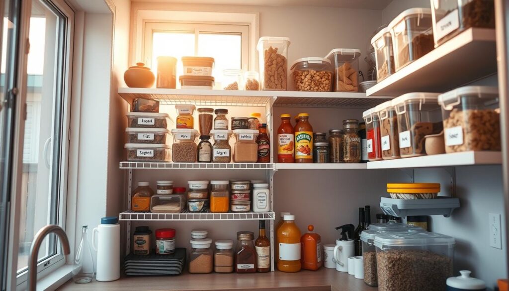 A well-organized small kitchen with a rotating system for expiry dates, featuring stacked shelves, clear plastic containers, and a label maker. The kitchen is bathed in warm, natural lighting from a large window, casting a cozy and inviting atmosphere. The shelves are filled with neatly arranged pantry items, organized by expiry date, with the oldest items in the front and the newest in the back, ensuring efficient stock rotation. The image captures the essence of a functional and visually appealing small kitchen pantry, showcasing an effective system for managing expiration dates and maintaining a clutter-free, organized space.