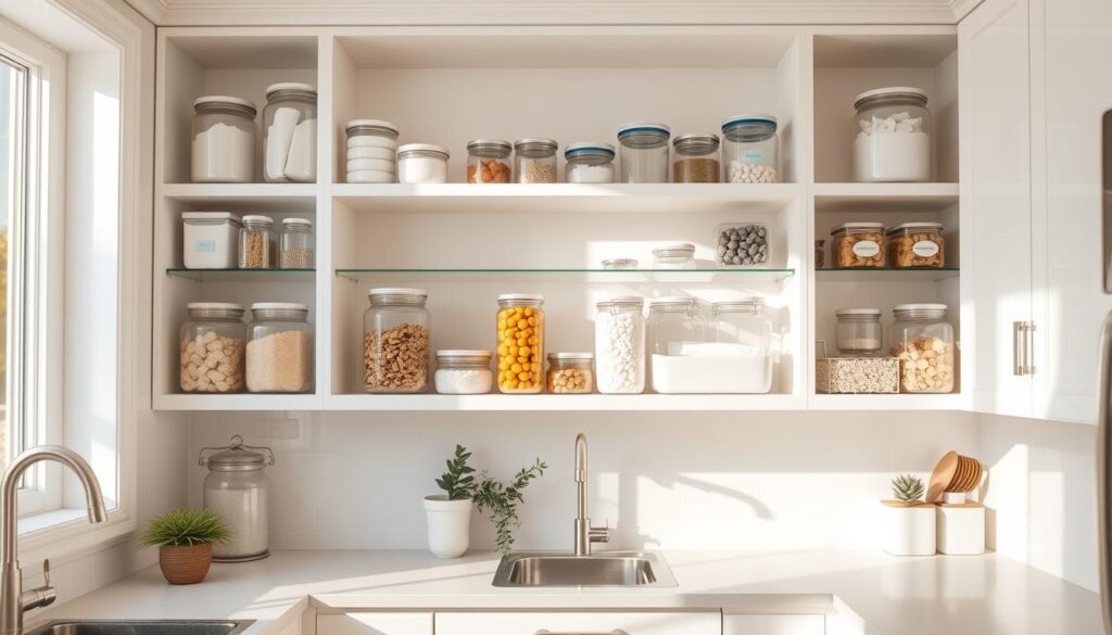 A well-organized small kitchen with clear containers neatly arranged on open shelves. The lighting is soft and natural, casting a warm glow over the minimalist white cabinetry and backsplash. The countertops are clear, allowing the various sized transparent jars and storage containers to take center stage, showcasing their contents in an aesthetically pleasing manner. Subtle plant life adds a touch of greenery, complementing the clean, modern aesthetic. The overall composition emphasizes efficiency, order, and a sense of calmness, perfectly reflecting the "Organize with Clear Containers" section of the "20 kitchen ideas for small spaces on a budget" article. A well-organized small kitchen with clear containers neatly arranged on open shelves. The lighting is soft and natural, casting a warm glow over the minimalist white cabinetry and backsplash. The countertops are clear, allowing the various sized transparent jars and storage containers to take center stage, showcasing their contents in an aesthetically pleasing manner. Subtle plant life adds a touch of greenery, complementing the clean, modern aesthetic. The overall composition emphasizes efficiency, order, and a sense of calmness, perfectly reflecting the "Organize with Clear Containers" section of the "20 kitchen ideas for small spaces on a budget" article.