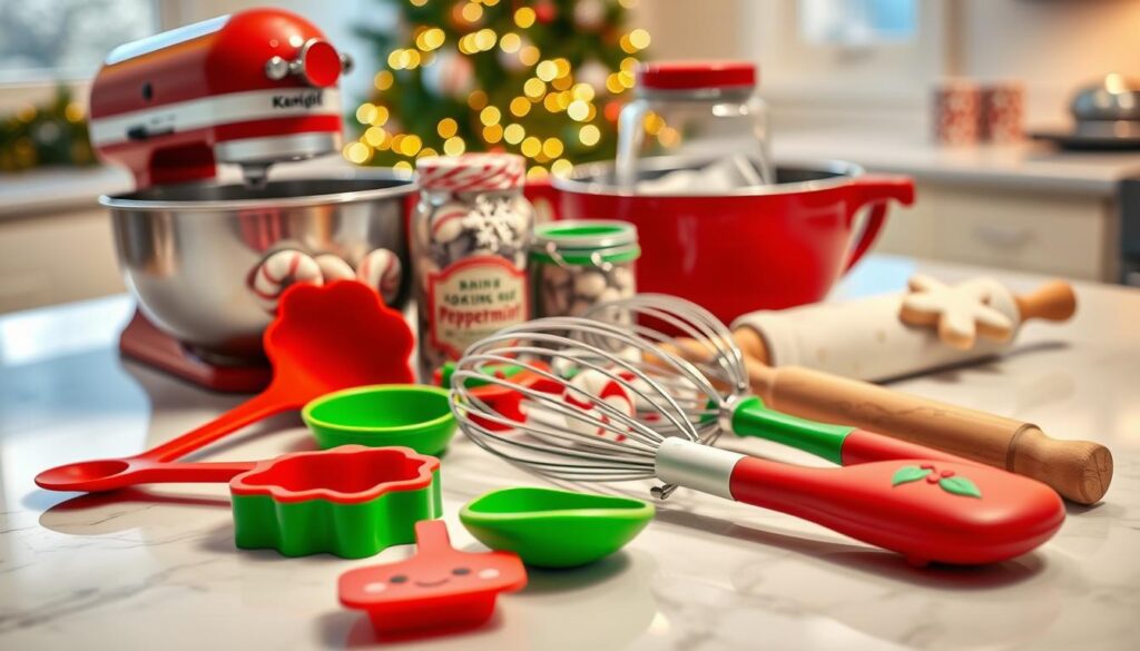 An assortment of cheerful, holiday-themed cookware and baking supplies arranged on a white marble countertop. In the foreground, a set of bright red and green silicone baking spatulas, cookie cutters in festive shapes, and a whisk with a holly-patterned handle. Behind them, a vintage-inspired red mixing bowl, a jar of peppermint-flavored baking chips, and a rolling pin adorned with a snowflake design. Soft, warm lighting illuminates the scene, creating a cozy, inviting atmosphere. In the background, the faint outline of a twinkling Christmas tree can be seen through a window, completing the festive, homey feel.