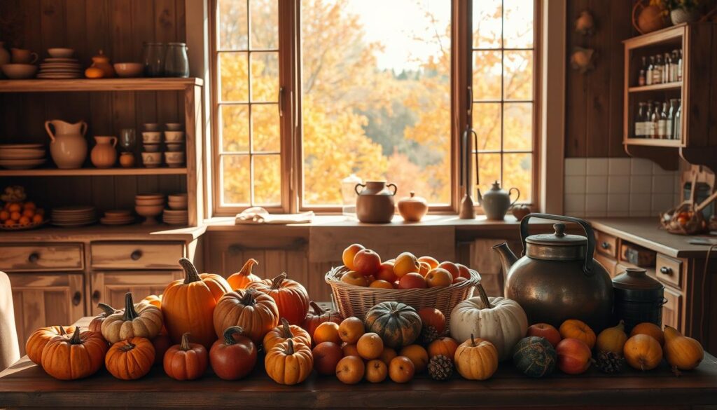 An autumnal kitchen scene bathed in warm, golden light. In the foreground, a rustic wooden table adorned with a bounty of seasonal produce - ripe pumpkins, gourds, and a bountiful harvest of apples and pears. Interspersed are cozy accents like a woven basket and a tarnished copper kettle. The middle ground features a weathered wooden hutch displaying an array of earthenware crockery and vintage glassware. In the background, a large window overlooks a picturesque fall landscape, with trees ablaze in vibrant shades of orange, red, and yellow. The overall atmosphere evokes a sense of harvest, comfort, and the coziness of the autumn season.