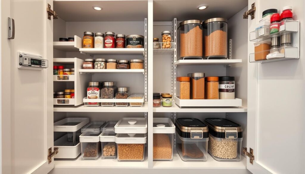 An organized kitchen cabinet with maximized storage potential, showcasing various compartments, shelves, and dividers. The clean, well-lit interior presents a variety of storage solutions, including tiered racks, pull-out drawers, and specialized organizers for spices, cookware, and dry goods. The cabinet's efficient layout and clever use of space create a visually appealing and highly functional storage system, ideal for a small kitchen. The scene is captured with a slightly elevated camera angle, providing a clear view of the cabinet's contents and highlighting the thoughtful design elements that enable maximum storage capacity. An organized kitchen cabinet with maximized storage potential, showcasing various compartments, shelves, and dividers. The clean, well-lit interior presents a variety of storage solutions, including tiered racks, pull-out drawers, and specialized organizers for spices, cookware, and dry goods. The cabinet's efficient layout and clever use of space create a visually appealing and highly functional storage system, ideal for a small kitchen. The scene is captured with a slightly elevated camera angle, providing a clear view of the cabinet's contents and highlighting the thoughtful design elements that enable maximum storage capacity.