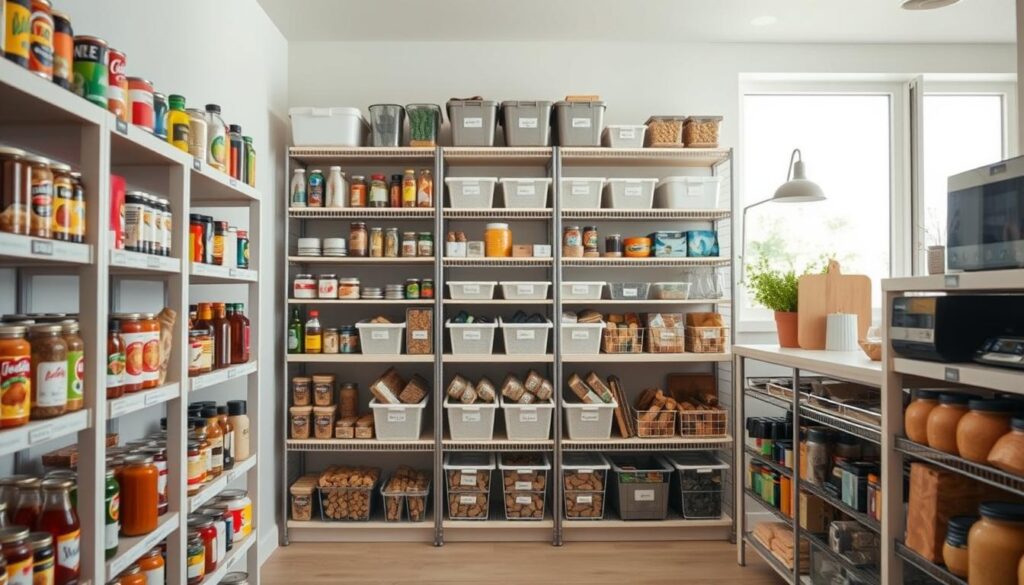 An organized pantry with items categorized and neatly arranged on shelves. The foreground features various food items such as canned goods, spices, and jars, all carefully organized by type. The middle ground showcases a well-structured storage system with labeled bins and baskets, ensuring easy access and visibility. The background depicts a bright, airy kitchen setting with natural lighting streaming in through large windows, creating a warm and inviting atmosphere. The entire scene conveys a sense of efficiency, cleanliness, and a streamlined approach to kitchen organization.