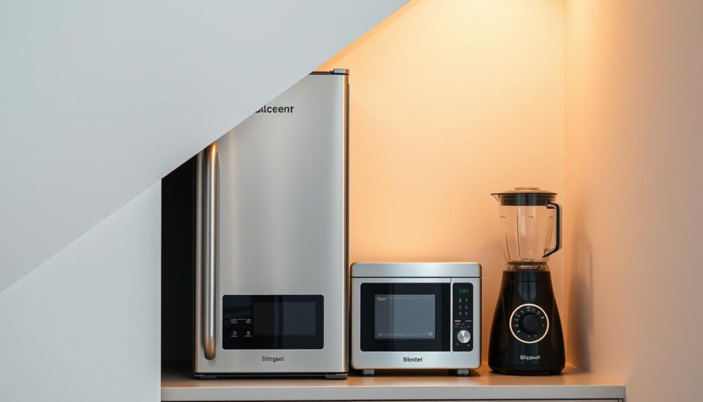 Compact kitchen appliances under stairs, showcased in a bright, airy space. A sleek, minimalist refrigerator, a convection oven, and a powerful blender are neatly arranged, their stainless steel surfaces gleaming under warm, diffused lighting. The stairs above provide a dramatic, angular backdrop, creating a sense of efficient, space-saving design. Soft shadows and highlights accentuate the appliances' shapes, while a subtle, clean-lined color palette of whites, grays, and blacks evokes a modern, sophisticated aesthetic. The scene conveys a harmonious blend of functionality and aesthetic appeal, perfectly suited for a small kitchen optimization.