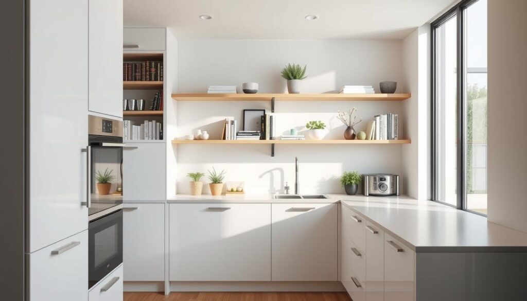 Compact kitchen design with open shelving, showcasing a sleek, minimalist aesthetic. The foreground features a modern, white cabinetry system with clean lines and recessed handles, complemented by a neutral-toned countertop. In the middle ground, carefully curated open shelves display a harmonious arrangement of cookbooks, plants, and decorative elements, adding visual interest and functionality. The background seamlessly blends with the overall design, featuring a light-colored wall and natural lighting filtering in through a large window, creating a bright and airy atmosphere. The scene is captured at a slight angle, emphasizing the depth and flow of the compact yet efficient kitchen layout. Compact kitchen design with open shelving, showcasing a sleek, minimalist aesthetic. The foreground features a modern, white cabinetry system with clean lines and recessed handles, complemented by a neutral-toned countertop. In the middle ground, carefully curated open shelves display a harmonious arrangement of cookbooks, plants, and decorative elements, adding visual interest and functionality. The background seamlessly blends with the overall design, featuring a light-colored wall and natural lighting filtering in through a large window, creating a bright and airy atmosphere. The scene is captured at a slight angle, emphasizing the depth and flow of the compact yet efficient kitchen layout.