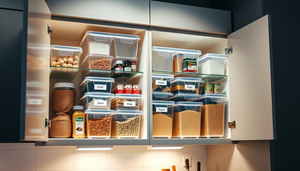 Detailed kitchen interior with clear plastic storage bins neatly arranged inside open cabinet shelves. Warm, diffused lighting illuminates the space, creating a cozy, organized atmosphere. The bins are stacked and labeled, displaying a variety of dry goods, spices, and canned items. Sleek, modern cabinetry in a muted color palette complements the minimalist design. The scene emphasizes efficient, clutter-free storage solutions for a small kitchen space.