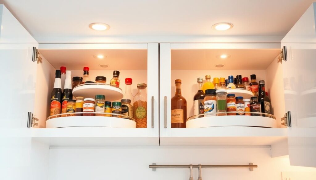 Efficient small kitchen cabinet organization with Lazy Susans: A bright, minimalist kitchen interior, with sleek white cabinets and gleaming chrome hardware. Prominently featured are two Lazy Susan turntables, neatly stocked with an assortment of cooking essentials - spices, oils, and frequently used ingredients. Soft, warm lighting from recessed ceiling fixtures casts a cozy glow, highlighting the clean, organized layout. The camera angles capture the cabinets at eye level, showcasing the convenience and accessibility of the Lazy Susan design. The scene exudes a sense of calm efficiency, demonstrating how strategic cabinet organization can maximize storage and streamline the cooking experience in a compact kitchen space. Efficient small kitchen cabinet organization with Lazy Susans: A bright, minimalist kitchen interior, with sleek white cabinets and gleaming chrome hardware. Prominently featured are two Lazy Susan turntables, neatly stocked with an assortment of cooking essentials - spices, oils, and frequently used ingredients. Soft, warm lighting from recessed ceiling fixtures casts a cozy glow, highlighting the clean, organized layout. The camera angles capture the cabinets at eye level, showcasing the convenience and accessibility of the Lazy Susan design. The scene exudes a sense of calm efficiency, demonstrating how strategic cabinet organization can maximize storage and streamline the cooking experience in a compact kitchen space.