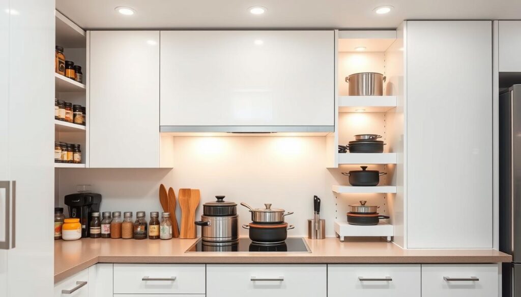 Efficient small kitchen storage solutions: a meticulously organized kitchenette with a sleek, minimalist design. Crisp white cabinets and drawers line the walls, accented by muted wood tones and brushed metal hardware. Recessed lighting casts a warm, inviting glow, illuminating the thoughtfully arranged spice jars, neatly stacked pots and pans, and cleverly integrated shelving units. The overall composition exudes a sense of calm and control, showcasing how strategic placement and smart storage hacks can maximize the potential of even the most compact cooking space.