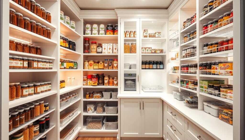 Highly organized pantry interior with custom built-in shelving, maximizing every nook and corner. Warm, soft lighting illuminates rows of neatly labeled jars, cans, and packages. Angled, adjustable shelves efficiently use vertical space, complemented by pull-out drawers and rotating carousel storage. Crisp, clean white finishes create a serene, minimalist aesthetic. A view from the side captures the seamless integration of this optimized pantry design within a small kitchen space.