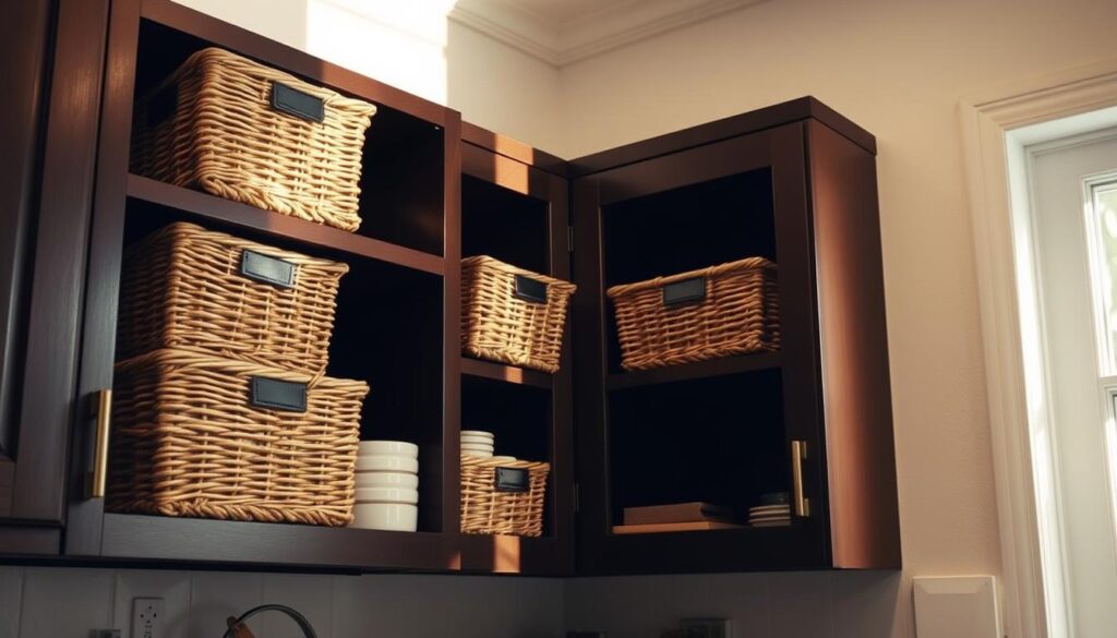 Maximizing kitchen cabinet space with wicker baskets neatly organized on dark wooden shelves. A well-lit, cozy kitchen corner with a warm, inviting atmosphere. The baskets are placed at varying heights, creating visual interest and efficient storage. Soft, natural lighting filters in through a nearby window, casting gentle shadows and highlighting the textures of the wood and woven baskets. The overall composition emphasizes the practical and aesthetic benefits of utilizing vertical space in a small kitchen. Maximizing kitchen cabinet space with wicker baskets neatly organized on dark wooden shelves. A well-lit, cozy kitchen corner with a warm, inviting atmosphere. The baskets are placed at varying heights, creating visual interest and efficient storage. Soft, natural lighting filters in through a nearby window, casting gentle shadows and highlighting the textures of the wood and woven baskets. The overall composition emphasizes the practical and aesthetic benefits of utilizing vertical space in a small kitchen.