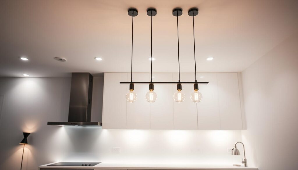 Minimalist kitchen with sleek, modern pendant lighting overhead, illuminating the countertop workspace. Soft, warm task lighting along the backsplash casts a cozy glow. Recessed ceiling lights add ambient brightness, creating a balanced, inviting atmosphere. Streamlined, pendant lamps with exposed bulbs in a linear arrangement provide a dramatic focal point. Ambient floor lamps in the corners contribute to the overall layered lighting design. Subtle, dimmable undercabinet lights highlight the clean, monochrome aesthetic. A harmonious blend of task, accent, and ambient lighting elevates the simple, one-wall kitchen layout. Minimalist kitchen with sleek, modern pendant lighting overhead, illuminating the countertop workspace. Soft, warm task lighting along the backsplash casts a cozy glow. Recessed ceiling lights add ambient brightness, creating a balanced, inviting atmosphere. Streamlined, pendant lamps with exposed bulbs in a linear arrangement provide a dramatic focal point. Ambient floor lamps in the corners contribute to the overall layered lighting design. Subtle, dimmable undercabinet lights highlight the clean, monochrome aesthetic. A harmonious blend of task, accent, and ambient lighting elevates the simple, one-wall kitchen layout.