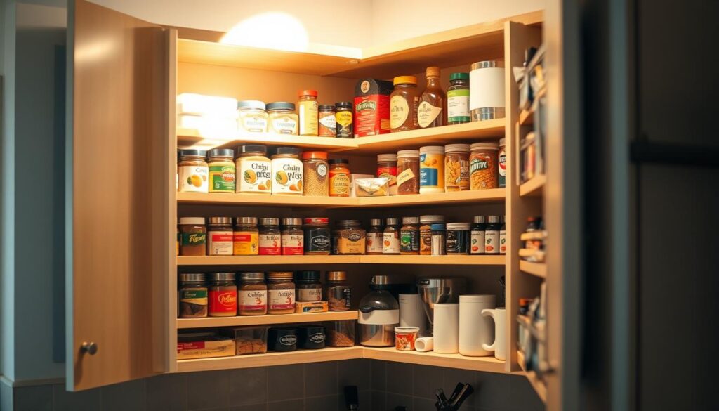 Organized corner cabinet with various storage solutions, neatly arranged spices, canned goods, and small appliances. Warm, natural lighting illuminates the shelves, creating a cozy, efficient kitchen ambiance. The camera angle showcases the thoughtful layout, highlighting the strategic placement of items for easy access. Minimal, clean design emphasizes the functional yet aesthetically pleasing nature of the corner cabinet organization. Organized corner cabinet with various storage solutions, neatly arranged spices, canned goods, and small appliances. Warm, natural lighting illuminates the shelves, creating a cozy, efficient kitchen ambiance. The camera angle showcases the thoughtful layout, highlighting the strategic placement of items for easy access. Minimal, clean design emphasizes the functional yet aesthetically pleasing nature of the corner cabinet organization.