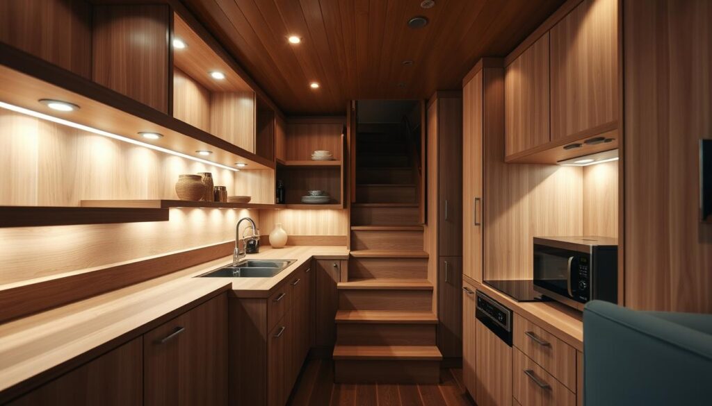 Prompt Warm, cozy kitchen under a wooden staircase. Intricate built-in storage solutions line the walls, with shelves, drawers, and cabinets optimizing every inch. Soft, diffused lighting from recessed LEDs highlights the natural grain of the wood. Chrome hardware and a sleek, minimalist design create a modern, sophisticated look. Wooden steps lead up to the main living space, casting dramatic shadows that add depth and dimension. Subtle ambient noise from the kitchen appliances, creating a sense of homely comfort. The overall mood is one of efficiency, organization, and a clever use of limited space.