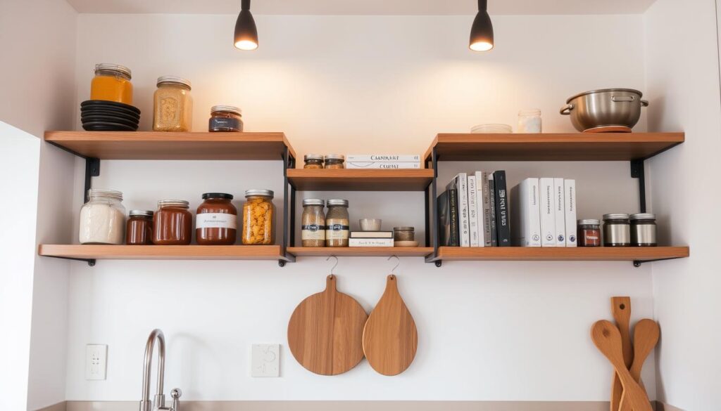 Sleek and modern kitchen shelving, with clean lines and minimalist design. A well-organized arrangement of floating wood or metal shelves, strategically placed to maximize vertical storage space. Neatly arranged items such as jars, spices, and cookbooks create a visually appealing display. Warm, natural lighting from overhead fixtures casts a soft glow, enhancing the textural contrast of the materials. The shelves are positioned against a neutral, light-colored wall, allowing the stored items to take center stage. The overall aesthetic is one of efficiency, practicality, and a touch of stylish sophistication, perfectly suited for a small kitchen space.