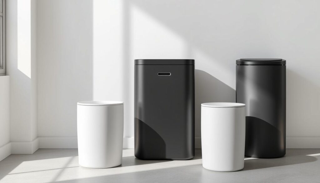 Sleek, modern compact kitchen trash bins in a clean, minimalist setting. Soft, natural lighting illuminates the smooth, matte surfaces in shades of black, grey, and white. The bins are arranged in a harmonious, symmetrical composition, their simple, geometric forms complementing the uncluttered, streamlined design. Subtle textures and details add visual interest, while the overall aesthetic exudes a sense of functionality and sophistication. The scene conveys a mood of efficiency, organization, and refined taste, perfectly capturing the "Functionality Meets Design" theme. Sleek, modern compact kitchen trash bins in a clean, minimalist setting. Soft, natural lighting illuminates the smooth, matte surfaces in shades of black, grey, and white. The bins are arranged in a harmonious, symmetrical composition, their simple, geometric forms complementing the uncluttered, streamlined design. Subtle textures and details add visual interest, while the overall aesthetic exudes a sense of functionality and sophistication. The scene conveys a mood of efficiency, organization, and refined taste, perfectly capturing the "Functionality Meets Design" theme.
