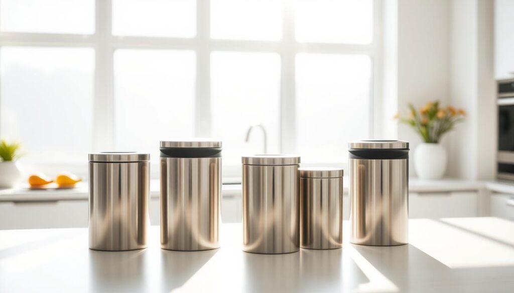 Space-saving, minimalist trash cans nestled on kitchen countertops against a bright, airy backdrop. Stainless steel bins with sleek, cylindrical profiles arranged in an organic, asymmetric composition, casting soft shadows. Diffused daylight filters through large windows, creating a warm, natural ambiance. The cans are subtly integrated into the kitchen's modern, streamlined design, showcasing clever storage solutions for compact spaces. Space-saving, minimalist trash cans nestled on kitchen countertops against a bright, airy backdrop. Stainless steel bins with sleek, cylindrical profiles arranged in an organic, asymmetric composition, casting soft shadows. Diffused daylight filters through large windows, creating a warm, natural ambiance. The cans are subtly integrated into the kitchen's modern, streamlined design, showcasing clever storage solutions for compact spaces.