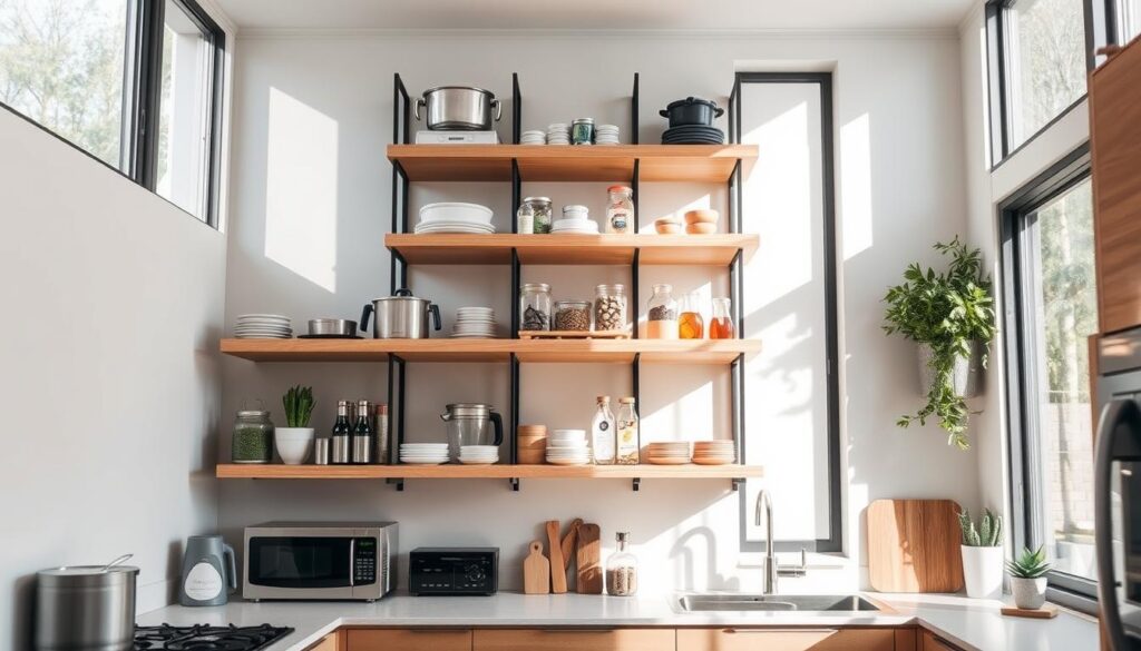 Vertical kitchen storage shelves with clean lines and modern design, bathed in soft natural light from large windows. Sturdy wooden shelves seamlessly integrated into the kitchen layout, offering ample space for organizing cookware, dry goods, and small appliances. The shelves are arranged in a way that maximizes vertical space, creating a visually appealing and efficient storage solution. Minimal hardware and a neutral color palette lend an understated elegance, complementing the overall aesthetic of the kitchen. The scene conveys a sense of order and functionality, perfectly suited for a small kitchen space.