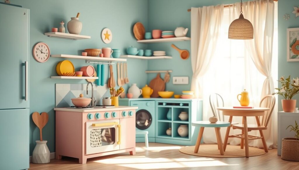 Vibrant and whimsical small kitchen scene, featuring a playful color palette of pastel hues. In the foreground, a creative play kitchen set with geometric shapes, textured surfaces, and imaginative accessories. Mid-ground showcases cheerful kitchenware in complementary tones, arranged to spark culinary inspiration. The background setting is a cozy, sun-dappled nook, with natural light filtering through soft, airy curtains. The overall atmosphere evokes a sense of joy, creativity, and the delight of imaginative cooking. Rendered with a soft, dreamlike focus, conveying the warmth and charm of a cozy, inviting small kitchen space. Vibrant and whimsical small kitchen scene, featuring a playful color palette of pastel hues. In the foreground, a creative play kitchen set with geometric shapes, textured surfaces, and imaginative accessories. Mid-ground showcases cheerful kitchenware in complementary tones, arranged to spark culinary inspiration. The background setting is a cozy, sun-dappled nook, with natural light filtering through soft, airy curtains. The overall atmosphere evokes a sense of joy, creativity, and the delight of imaginative cooking. Rendered with a soft, dreamlike focus, conveying the warmth and charm of a cozy, inviting small kitchen space.