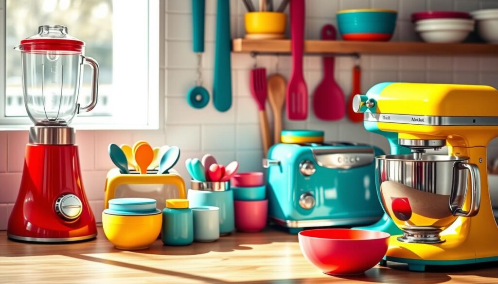 Vibrant kitchen appliances arranged in a cheerful composition, bathed in warm, natural light. A bold red blender, a sleek yellow toaster, and a gleaming teal stand mixer dominate the foreground, their glossy surfaces reflecting the bright scene. In the middle ground, a playful assortment of multicolored utensils, mixing bowls, and canisters add pops of color. The background features a crisp, white tile backsplash, complementing the vibrant hues. The overall atmosphere is one of energy, creativity, and the joy of cooking in a space that celebrates color and design.