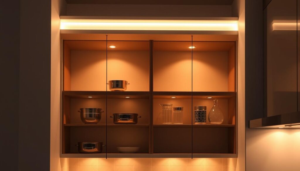 Warm, ambient lighting illuminating a cozy corner cabinet in a modern kitchen. Soft LED strips along the top and sides, casting a gentle glow on the shelves. The cabinet has clean, minimalist lines with a mix of open and closed storage spaces. Sleek, wooden accents complement the neutral color scheme. Carefully positioned spotlights highlight specific display items, creating a welcoming and functional corner. A subtle, harmonious interplay of light and shadow, drawing the eye to the thoughtful design details. Warm, ambient lighting illuminating a cozy corner cabinet in a modern kitchen. Soft LED strips along the top and sides, casting a gentle glow on the shelves. The cabinet has clean, minimalist lines with a mix of open and closed storage spaces. Sleek, wooden accents complement the neutral color scheme. Carefully positioned spotlights highlight specific display items, creating a welcoming and functional corner. A subtle, harmonious interplay of light and shadow, drawing the eye to the thoughtful design details.