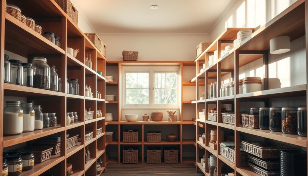 Well-organized pantry shelving with ample vertical storage, illuminated by soft, natural lighting filtering through large windows. Wooden shelves of varying depths arranged in a clean, minimalist layout, with subtle shadows casting a sense of depth. Glass jars, wicker baskets, and neatly stacked containers creating a harmonious visual balance. The overall atmosphere is one of tranquility and efficiency, inviting the viewer to envision a meticulously maintained kitchen pantry.