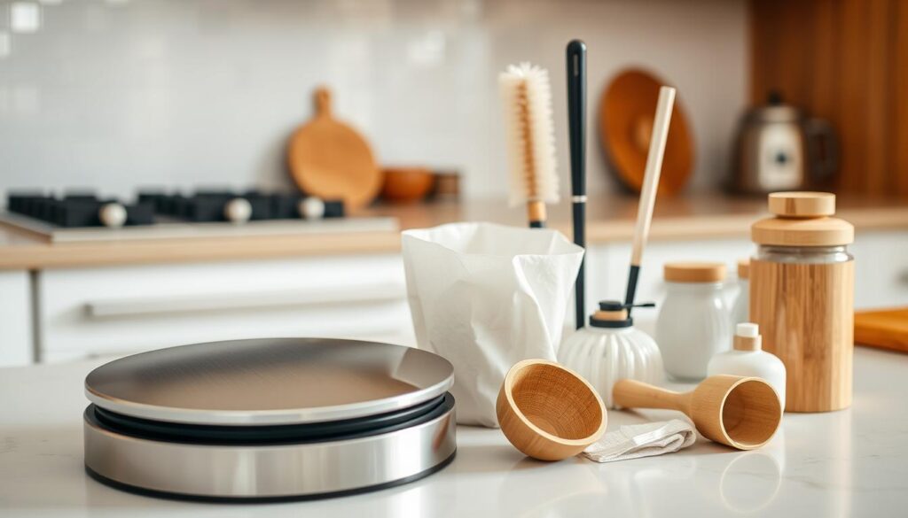 a closeup shot of various kitchen trash can accessories neatly arranged on a modern, minimalist kitchen counter in soft, warm lighting; the foreground features a sleek stainless steel trash can lid, a set of trash can liners in a discreet color, and a small bamboo scoop; in the middle ground, there are stylish trash can brushes and a small fragrance diffuser to keep the area fresh; the background shows a clean, white tiled backsplash and a glimpse of wooden cabinets, conveying a sense of organization and functionality a closeup shot of various kitchen trash can accessories neatly arranged on a modern, minimalist kitchen counter in soft, warm lighting; the foreground features a sleek stainless steel trash can lid, a set of trash can liners in a discreet color, and a small bamboo scoop; in the middle ground, there are stylish trash can brushes and a small fragrance diffuser to keep the area fresh; the background shows a clean, white tiled backsplash and a glimpse of wooden cabinets, conveying a sense of organization and functionality