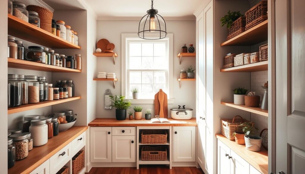 a cozy and organized pantry nook, sunlight streaming through a window, shelves lined with glass jars, canisters, and wicker baskets, neatly arranged spices, grains, and dried goods, a small wood or butcher block countertop, minimalist decor with potted plants, warm hardwood floors, a vintage-inspired pendant light casting a soft glow, a clean and inviting space that looks both functional and visually appealing