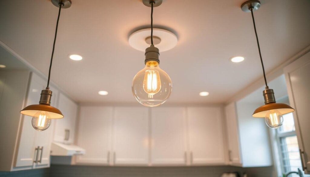 a cozy, budget-friendly kitchen with warm, soft lighting from a mix of pendant lamps and recessed ceiling lights. the pendant lamps feature simple, minimalist designs with exposed bulbs that cast a gentle glow. the recessed lights provide ambient illumination, highlighting the clean, white cabinets and countertops. the kitchen has an inviting, relaxed atmosphere, with the lighting creating a soothing, homey ambiance. the overall look is practical, energy-efficient, and suitable for a small space, showcasing smart, cost-effective lighting choices. a cozy, budget-friendly kitchen with warm, soft lighting from a mix of pendant lamps and recessed ceiling lights. the pendant lamps feature simple, minimalist designs with exposed bulbs that cast a gentle glow. the recessed lights provide ambient illumination, highlighting the clean, white cabinets and countertops. the kitchen has an inviting, relaxed atmosphere, with the lighting creating a soothing, homey ambiance. the overall look is practical, energy-efficient, and suitable for a small space, showcasing smart, cost-effective lighting choices.