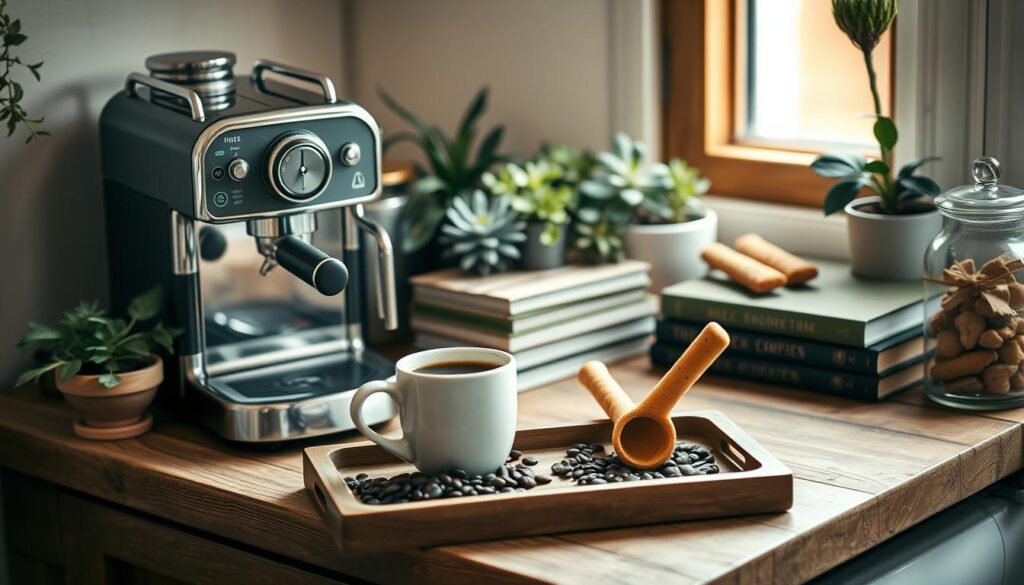 a cozy, well-lit coffee station on a rustic wooden kitchen counter, with a vintage-style espresso machine, a ceramic mug filled with freshly brewed coffee, and a small tray holding a variety of coffee beans and a wooden scoop. Surrounding the coffee station, a cluster of potted plants, a stack of hardcover books, and a decorative glass jar filled with biscotti or cookies. The lighting is soft and warm, creating a inviting and relaxing atmosphere. The overall scene has a natural, earthy tone and feels like a welcoming nook in a cozy, modern farmhouse-style kitchen.