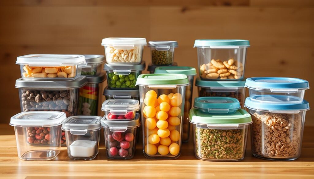a high-quality photo of various stackable kitchen storage containers, arranged in a visually appealing layout on a wooden surface. The containers should be made of durable, transparent materials like glass or BPA-free plastic, allowing the contents to be easily visible. The containers should come in a range of sizes, shapes, and colors to provide versatile storage options. The lighting should be bright and natural, creating clear, crisp details and highlights on the containers. The angle should be slightly elevated, creating a clean, uncluttered composition that showcases the organizational potential of the stackable containers. The overall mood should convey a sense of practical functionality and modern, minimalist style suitable for a small kitchen space.
